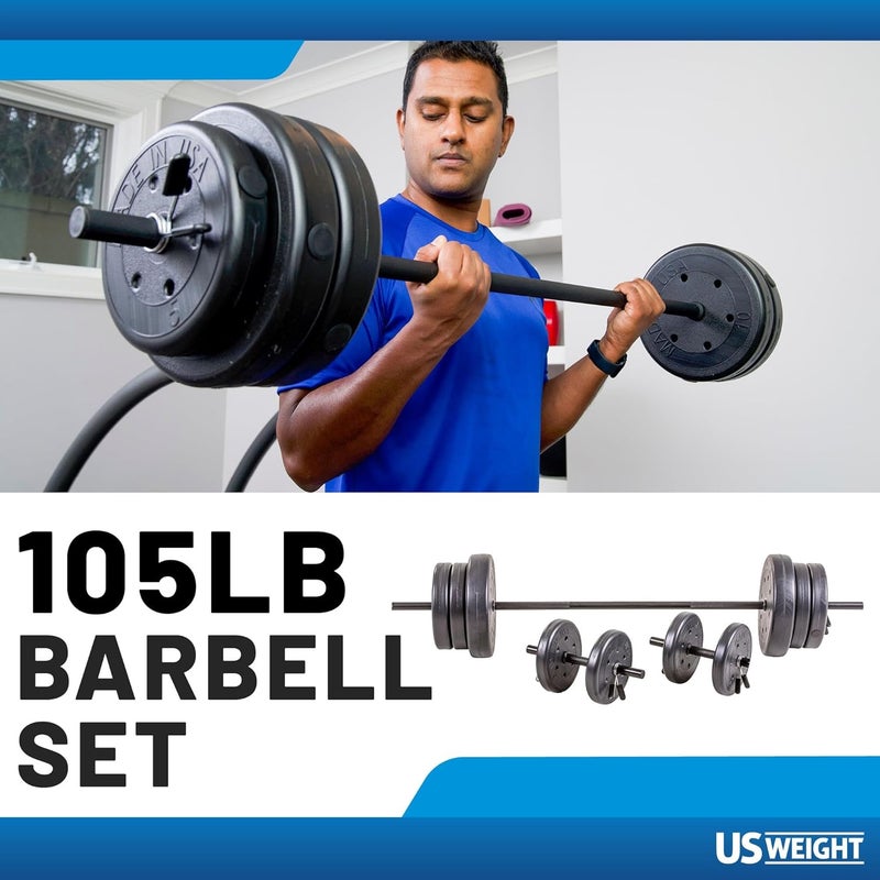 US Weight 105 Pound Barbell Weight Set for Home Gym| Adjustable Weight Set with Two Dumbbell Bars and Full 6 Ft Bar, Black - Image 2